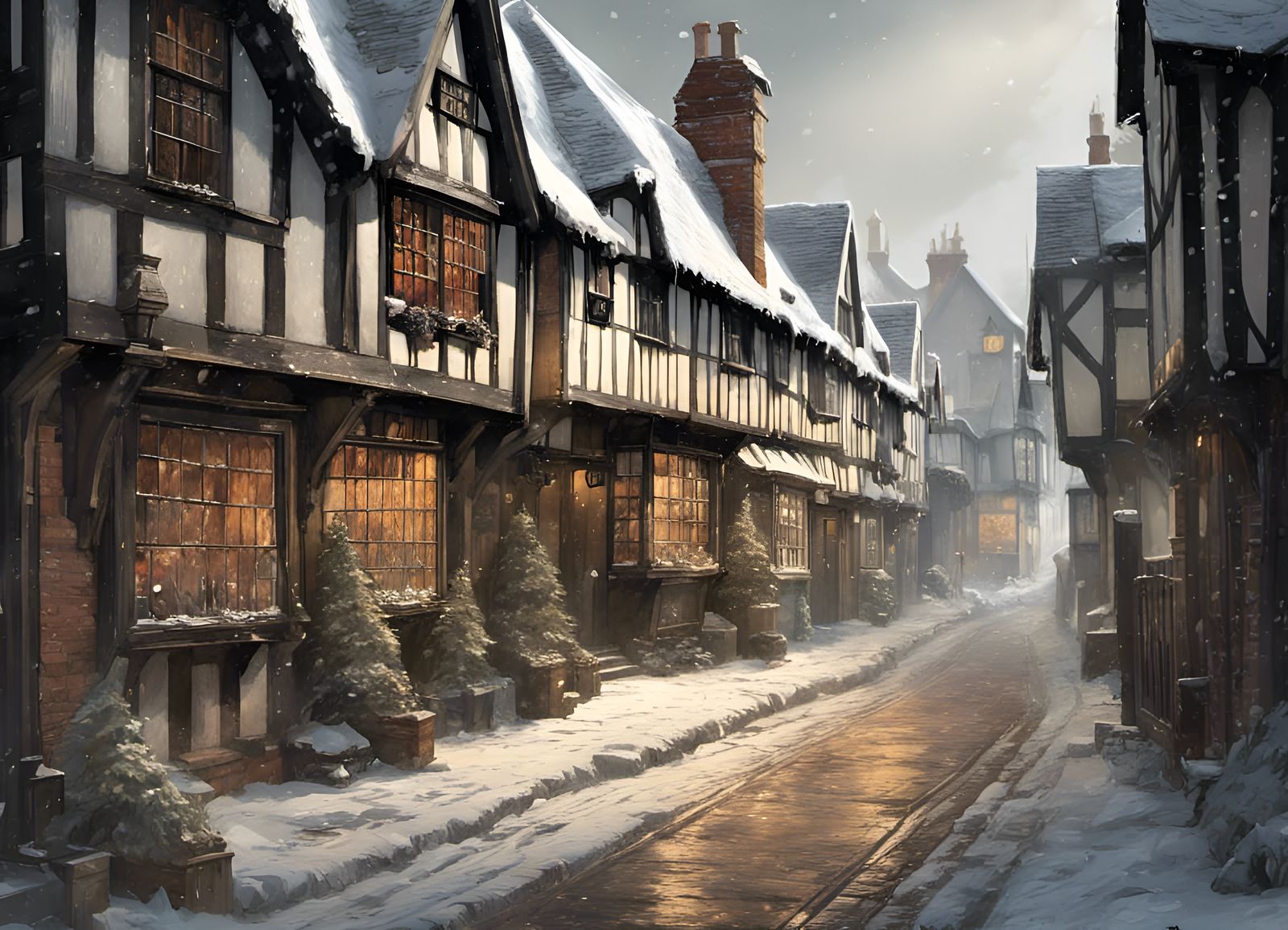 Winter Snow in a Detailed Medieval Tudor Town
