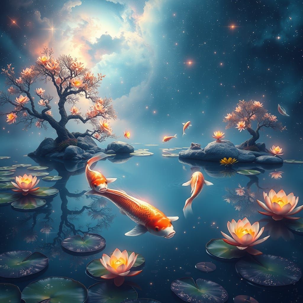 Nebula Koi Pond with Celestial Bonsai, Hyperrealistic Matte ...