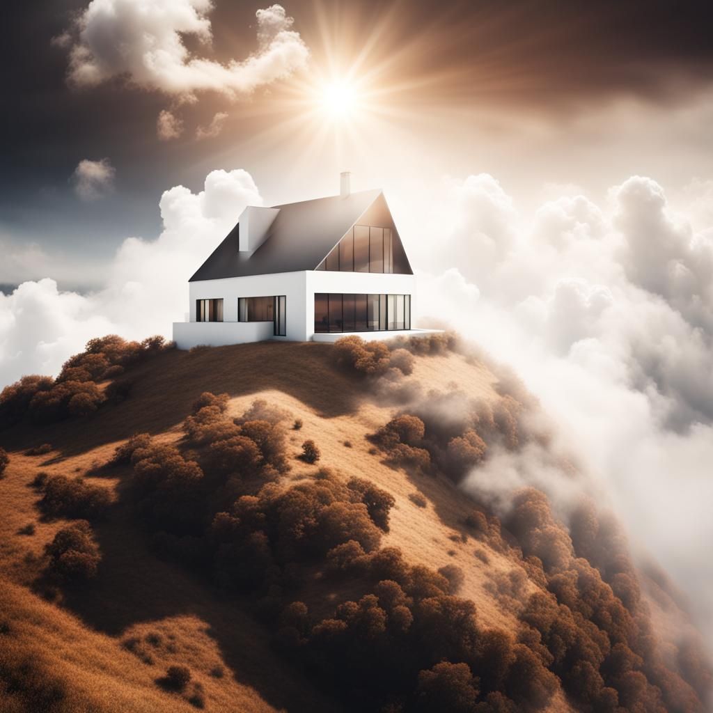 Abstract House Above Clouds with Sunshine