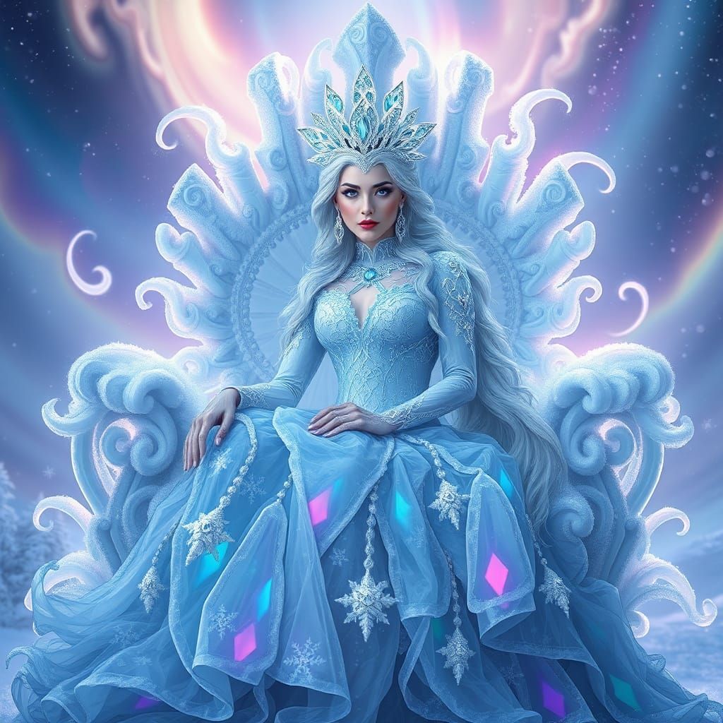 Hyperrealistic Ice Queen on Cloud Throne