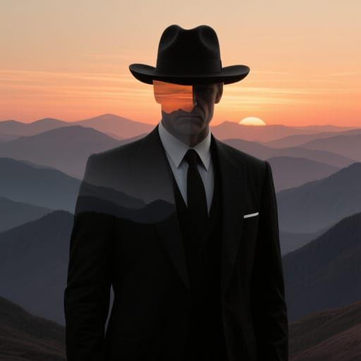 Silhouette of Man in Suit with Mountain Sunset