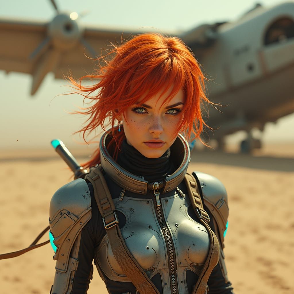 Cyberpunk Warrior in Dune Ornithopter Landscape