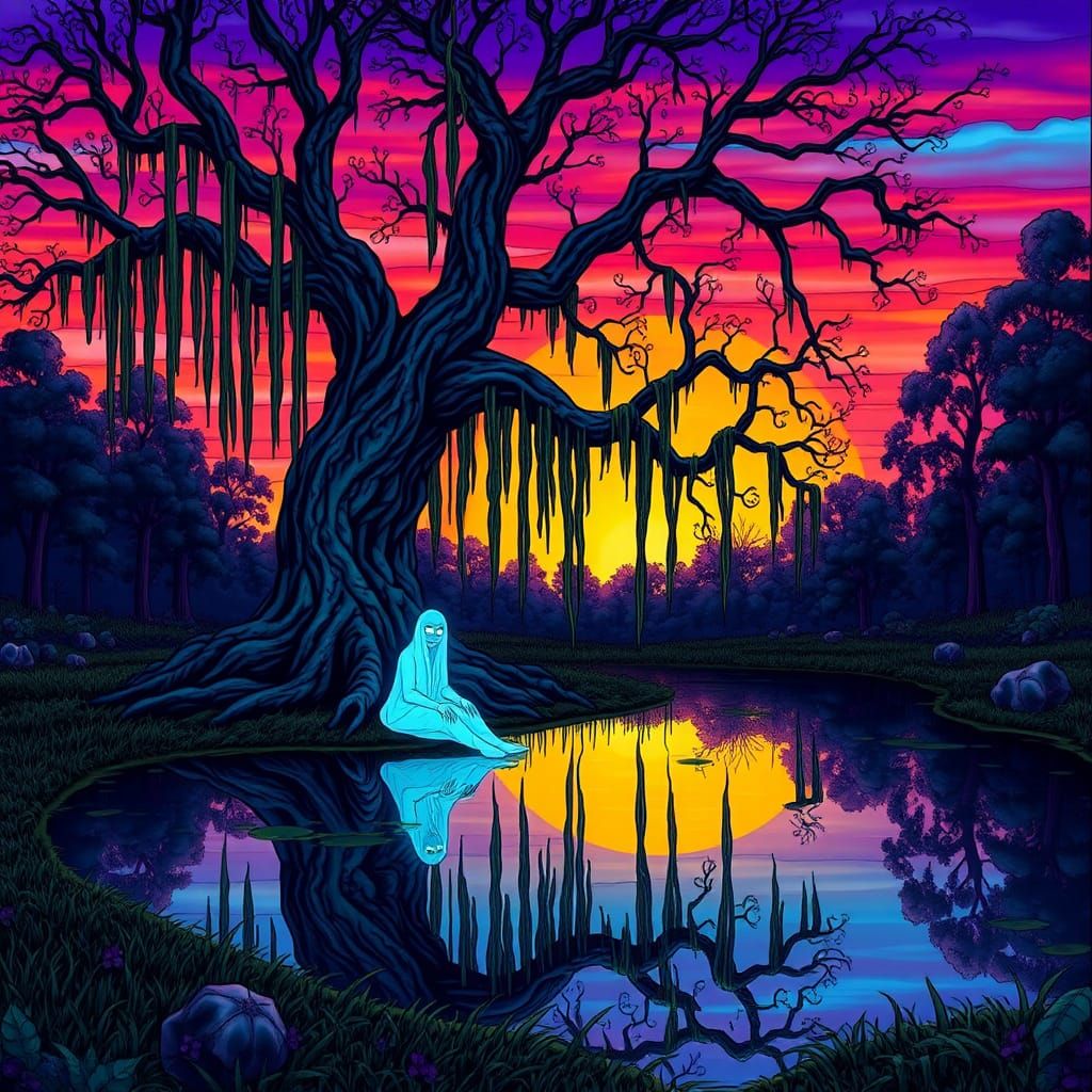 Mystical Twilight Forest Scene with Ghostly Figure