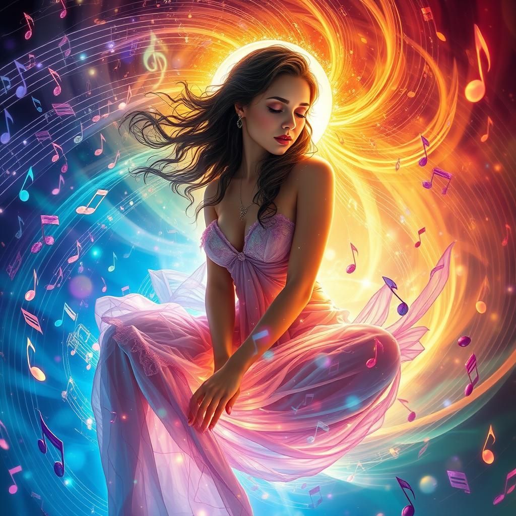 Ethereal Woman on Swirling Music Notes, Art Nouveau Portrait