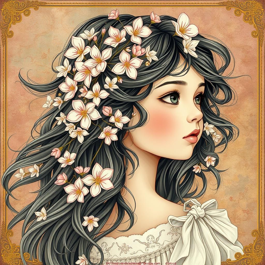 Ethereal Girl with Flowers in Art Deco Style