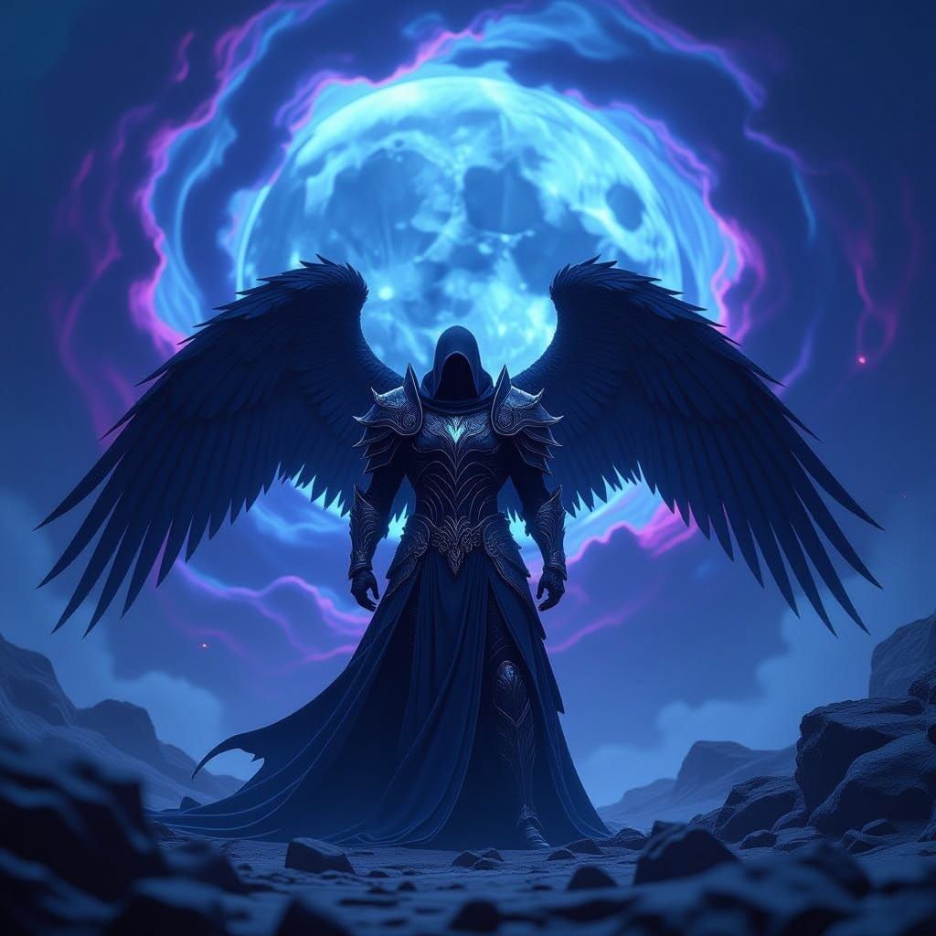 Fallen Angel in Dark Celestial Armor Before Cosmic Void