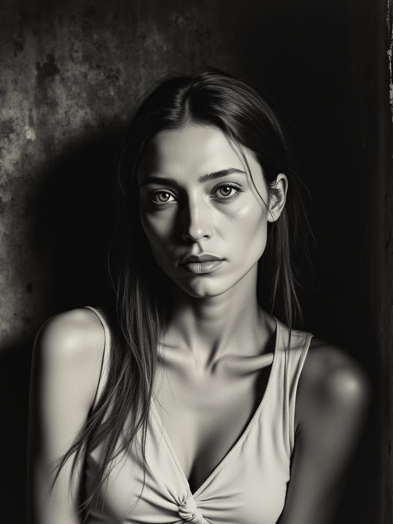 Grayscale Portrait of Stoic Woman in Sunlight