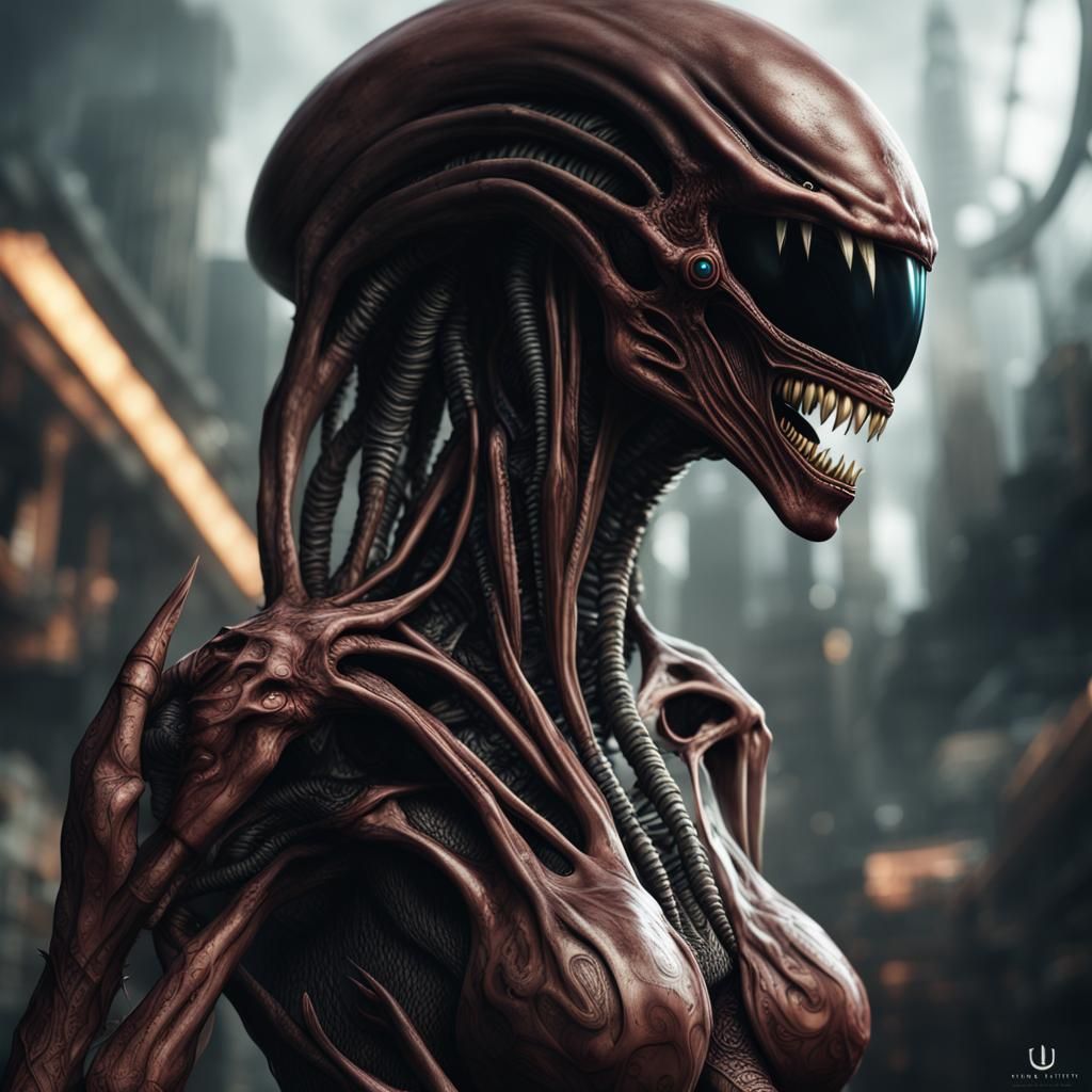 Dynamic Human-Xenomorph Hybrid Illustration