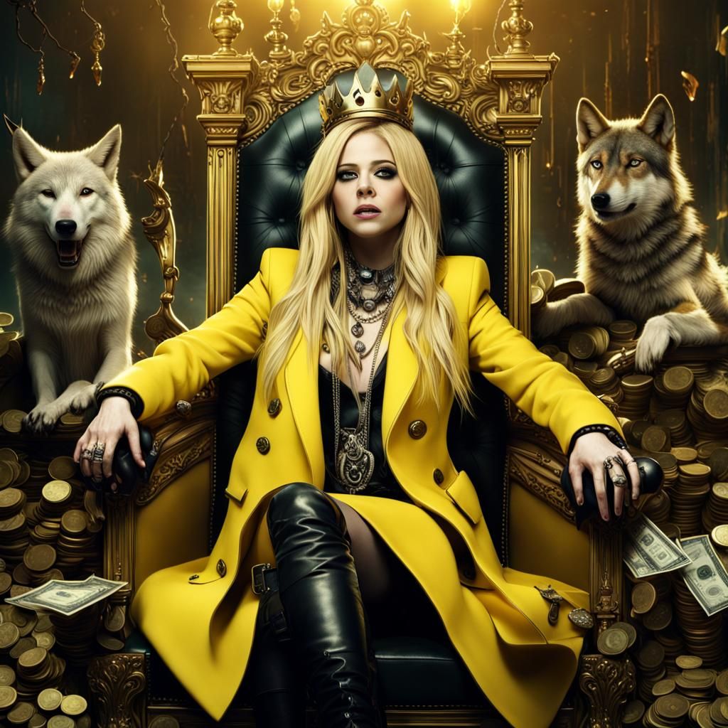 Avril Lavigne on Throne with Wolves in Digital Painting