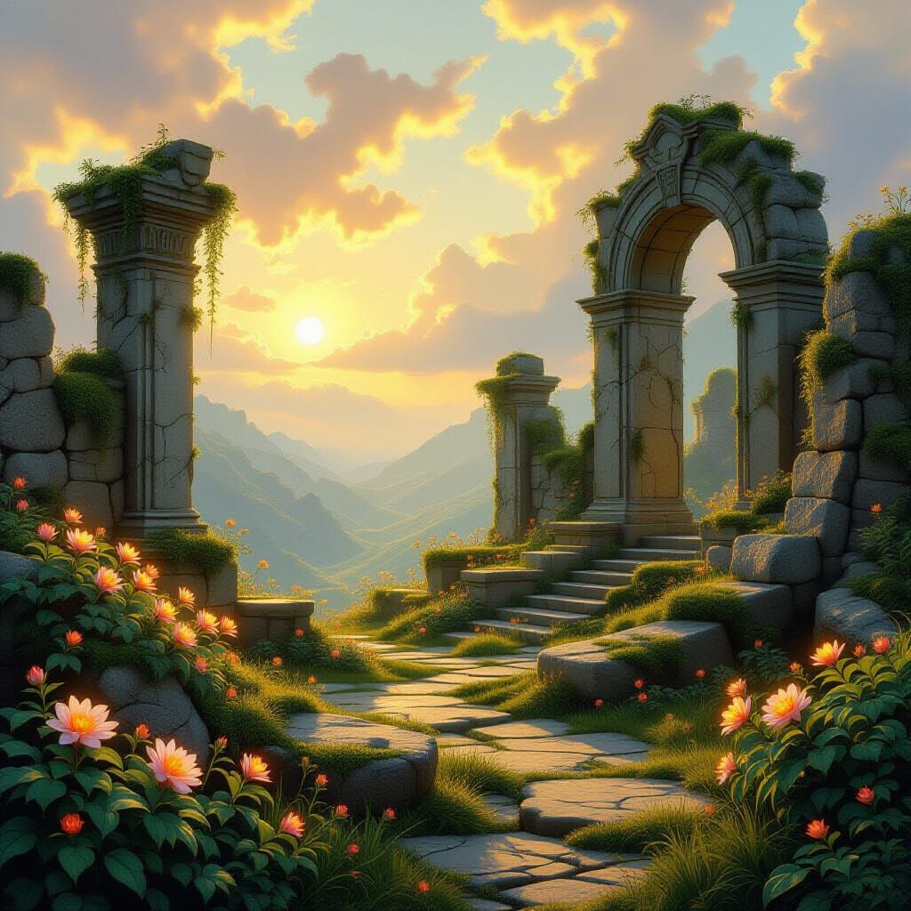 Ethereal Golden Hour Landscape with Ancient Ruins