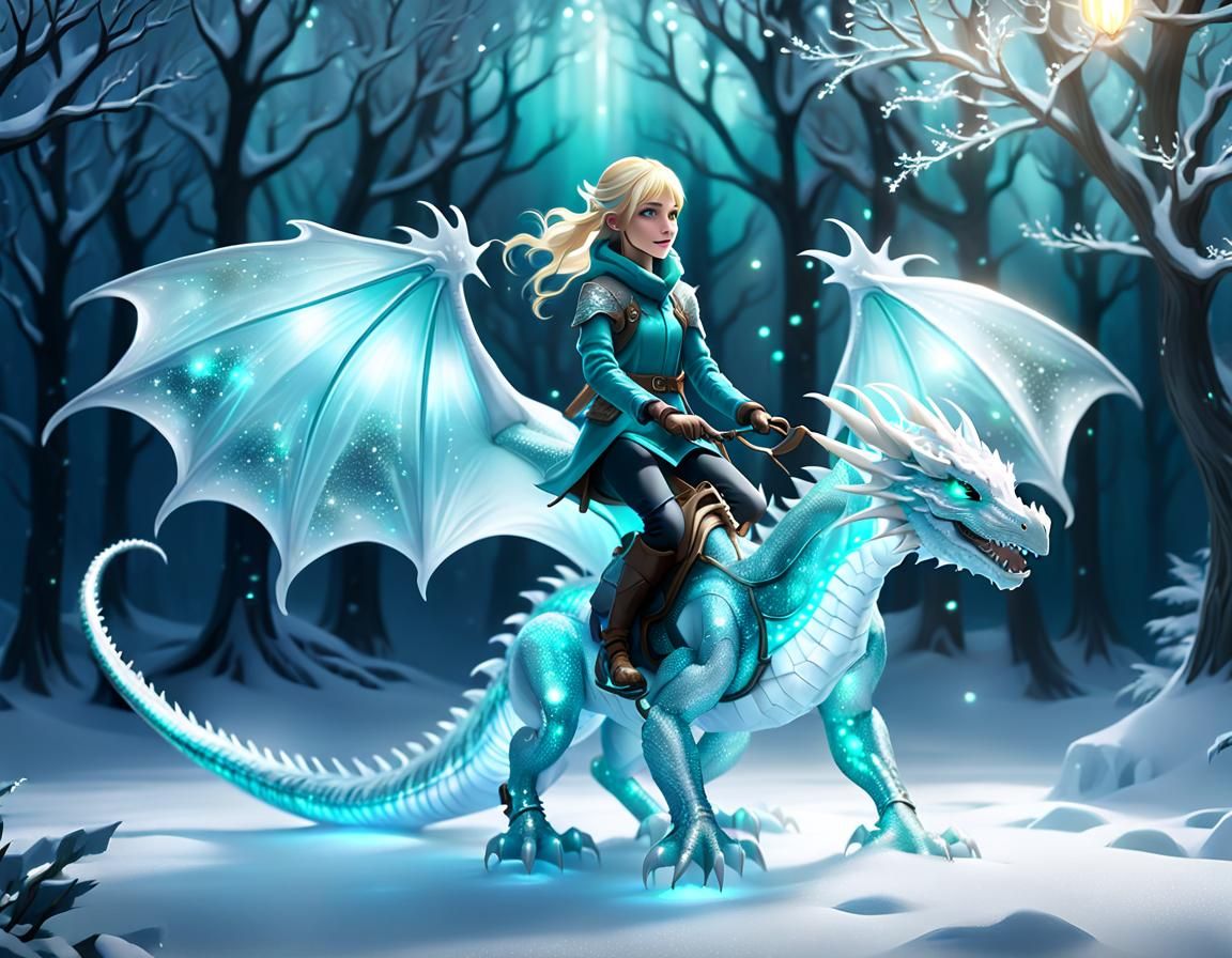 Girl on Dragon in Snowy Wonderland, Fantasy Art
