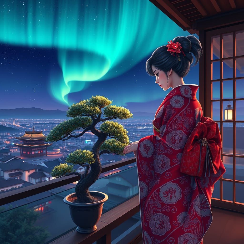 Geisha Tends Bonsai Under Aurora Borealis