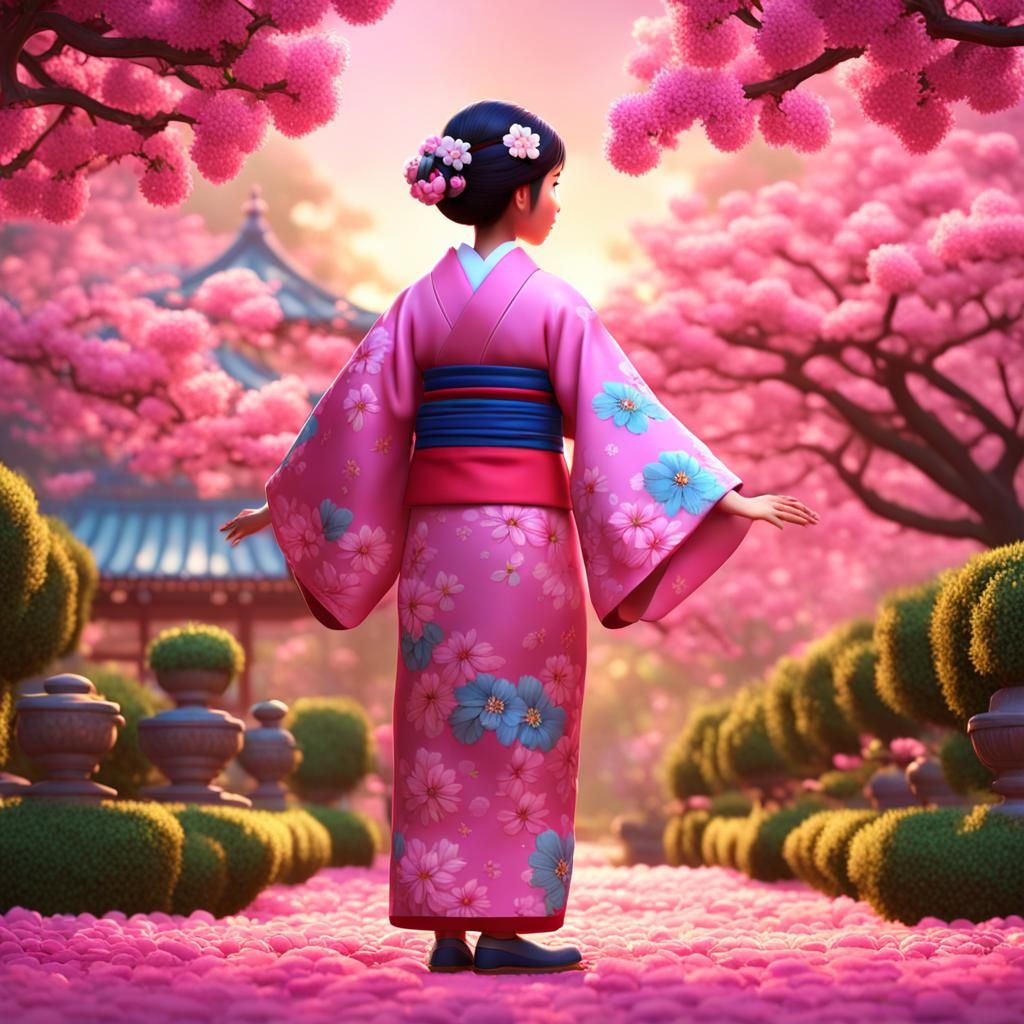 Japanese Woman in Kimono Playing Harp, 3D Art