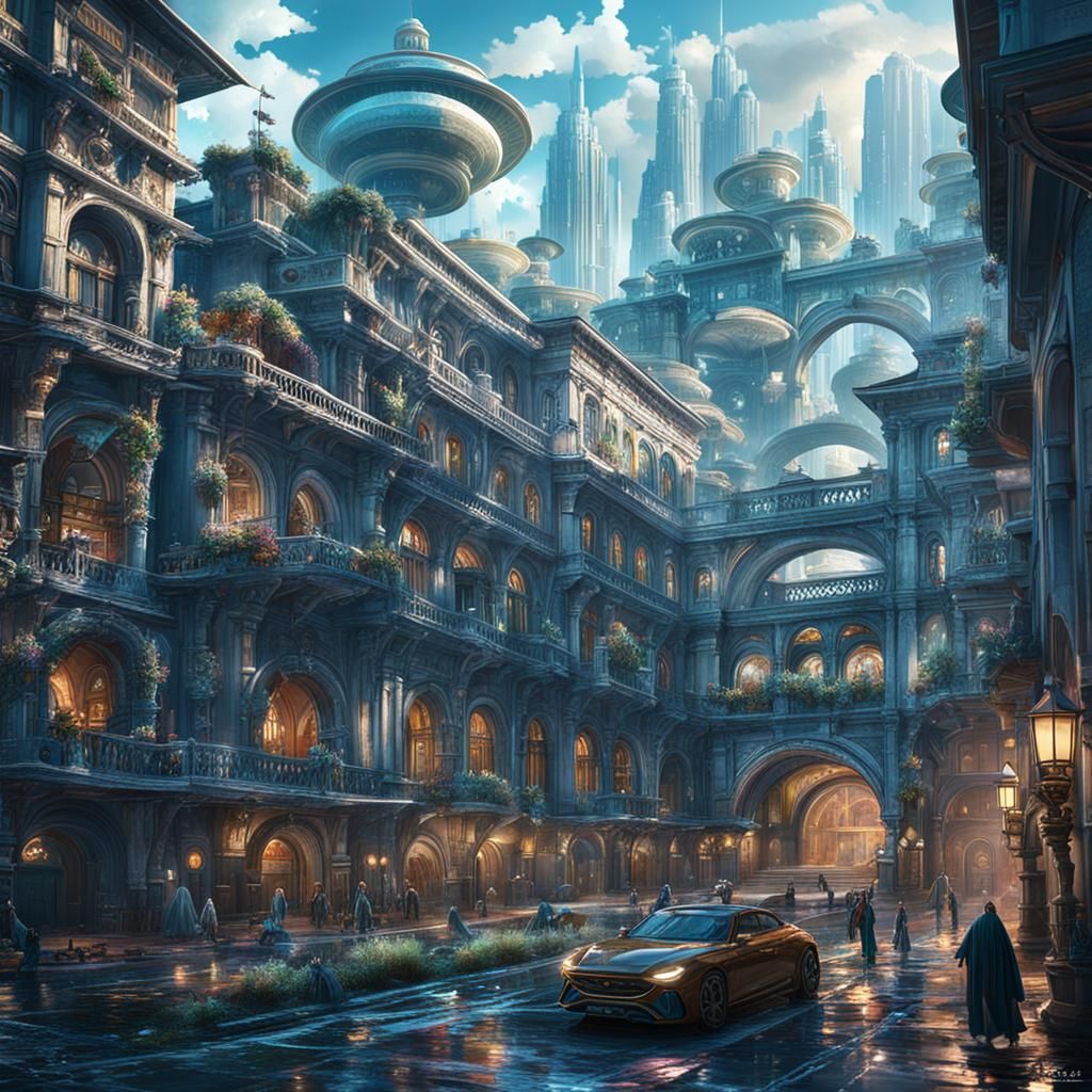 Futuristic Cityscape 2090: Skyscrapers and Space Shuttles