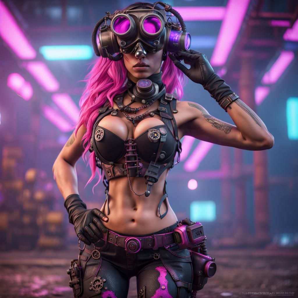 Steampunk Girl Spray Painting in Neon Cyberpunk Style