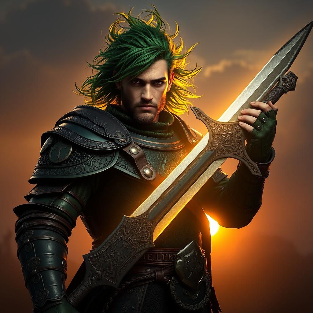 Heroic Warrior in Runed Armor at Sunrise