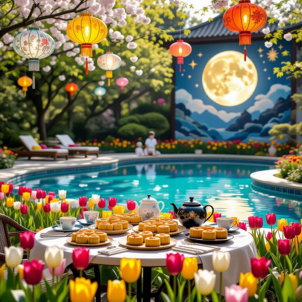 Mooncake Festival Gathering Amidst Blooming Tulips and Pools...