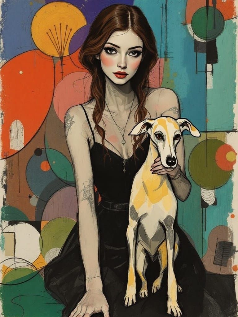 Charcoal Figure Study of Woman and Dog in Vibrant Abstract B...