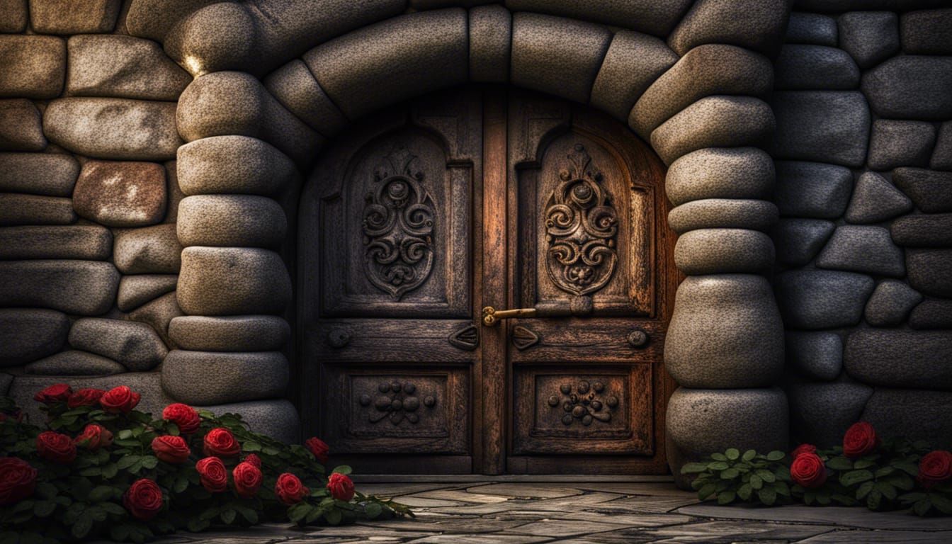 Hyperrealistic Stone, Rose, and Door Composition