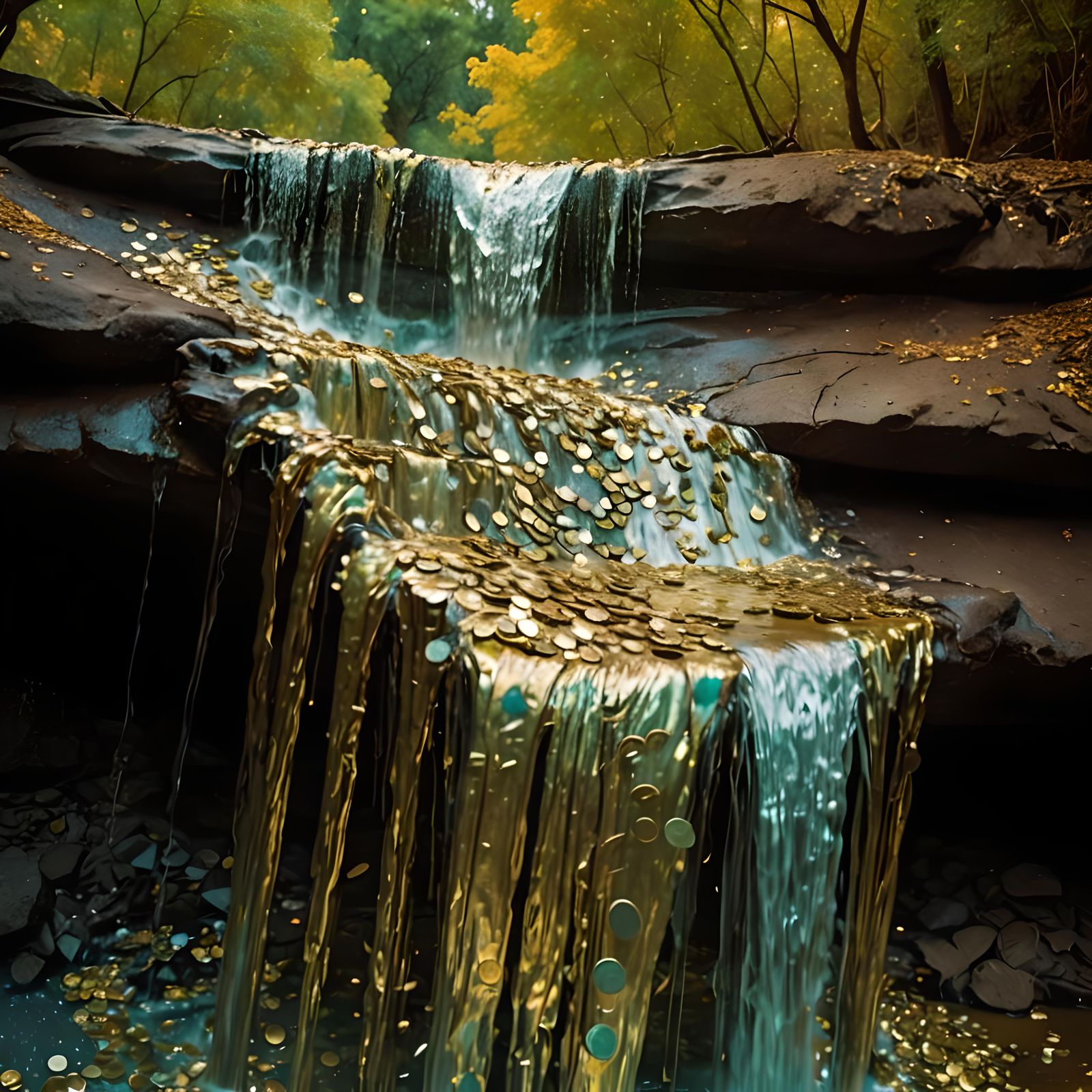 Money Waterfalls Flowing into Molten Gold Lake