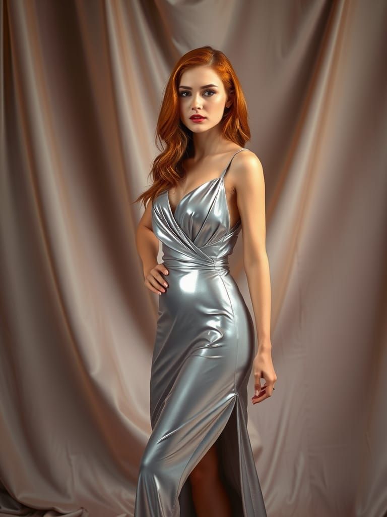 A slender woman stands confidently, draped in an alluring silver latex gown that shimmers under soft lighting. The fabri...