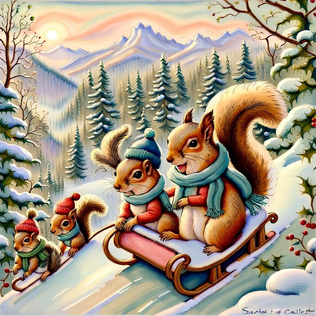 Squirrels Sledding: A Cozy Winter Scene