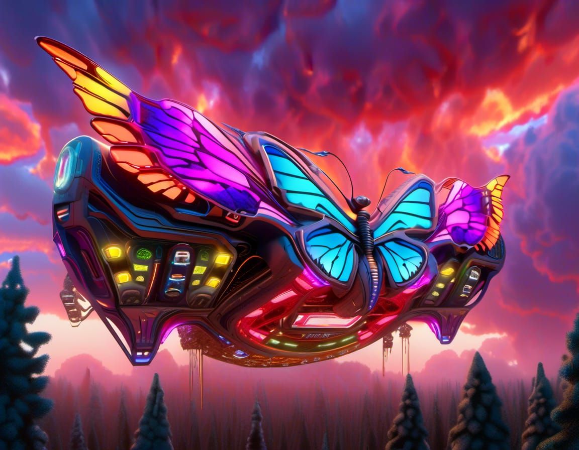 Futuristic Butterfly Spaceship Over Alien Forest