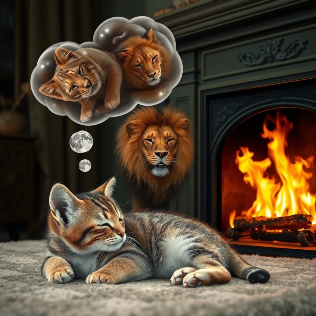 Kitten's Regal Lion Dream in a Cozy Fireplace Scene