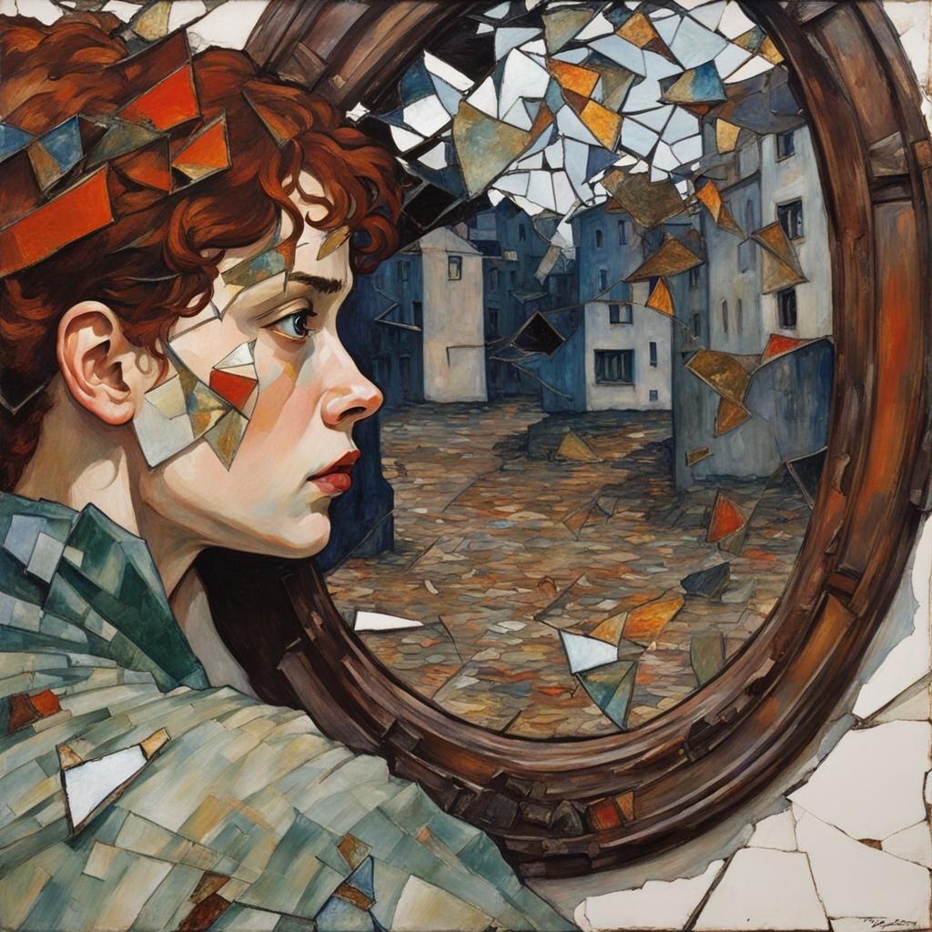 Woman Gazing Through Shattered Mirror in Art Nouveau Style