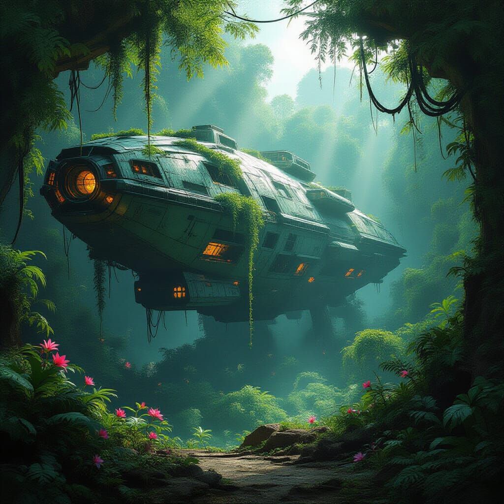 Derelict Spaceship in Overgrown Jungle, Oil Painting