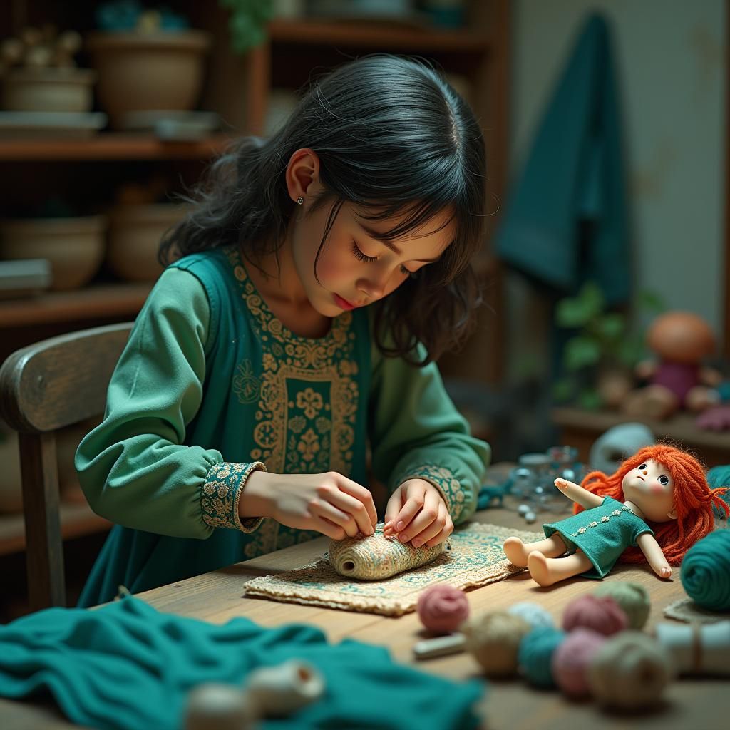 Girl Hand-Stitching Doll in Hyperrealistic Fantasy Art