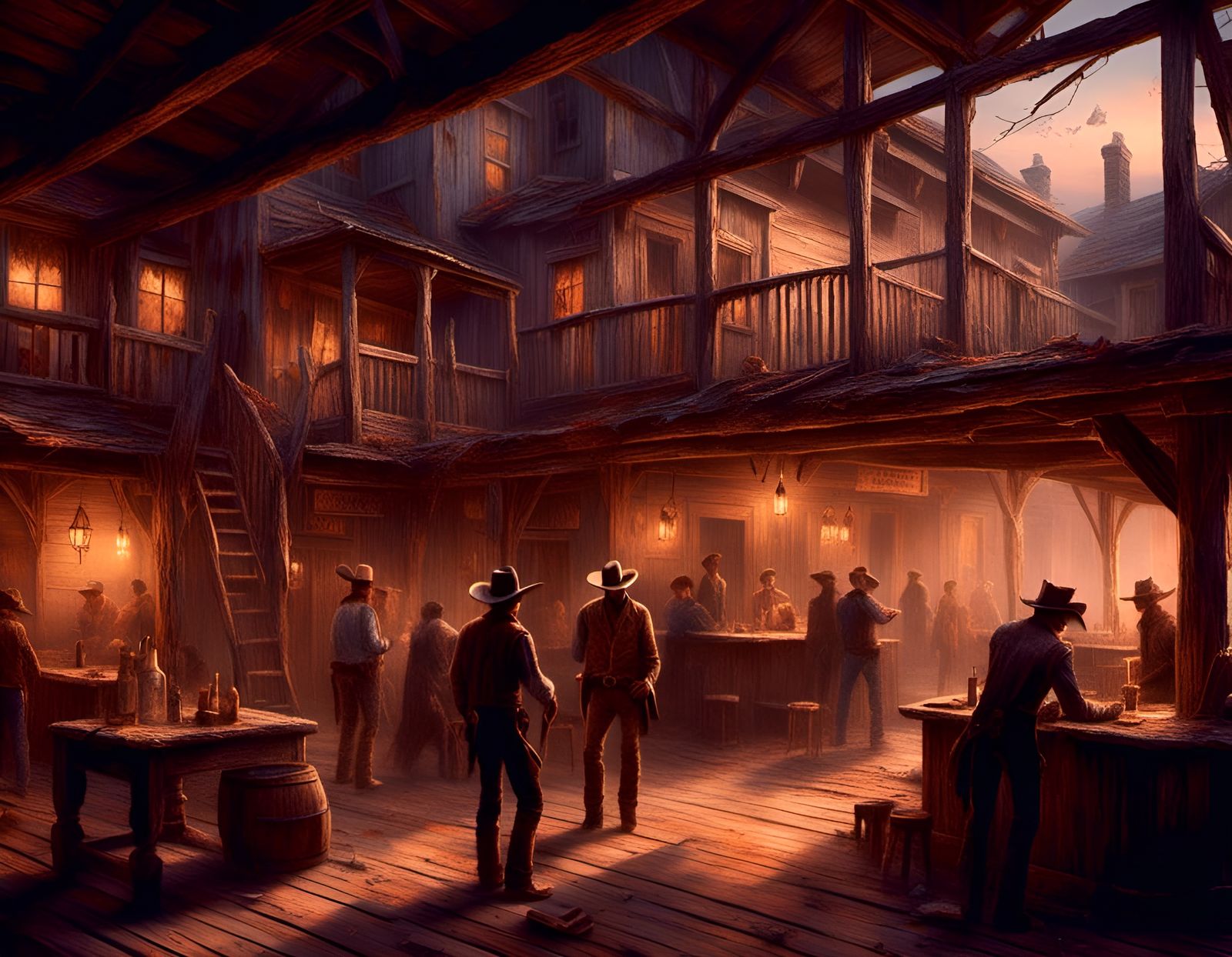 Cowboys in Old West Saloon, Kinkade-Style Illustration