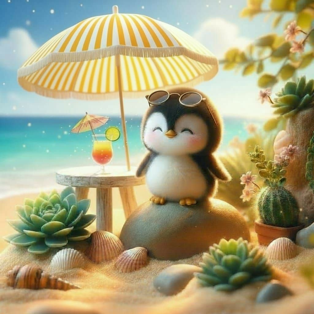 Cute Chibi Penguin on a Magical Beach