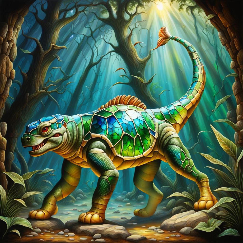 Prehistoric Sparkle in Stained Glass Oil Painting