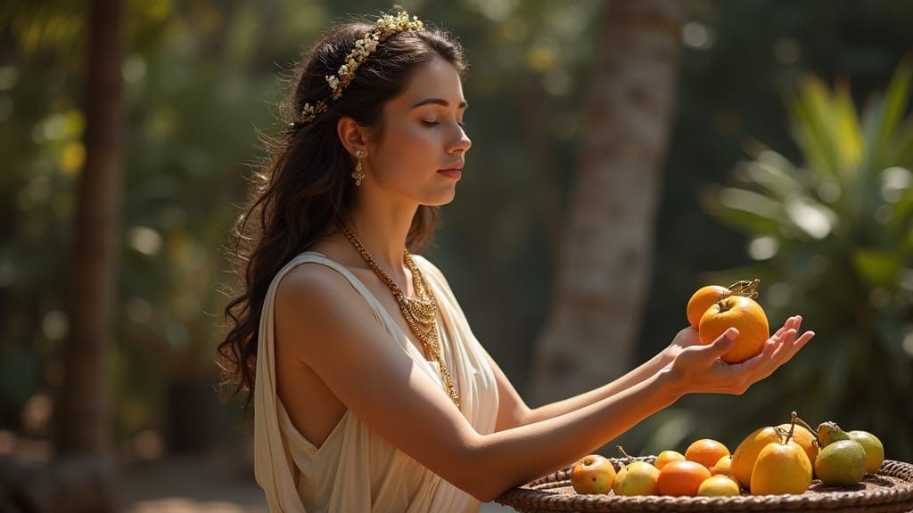 Ancient Greek Priestess Receives Fruit From God Pan, Photore...