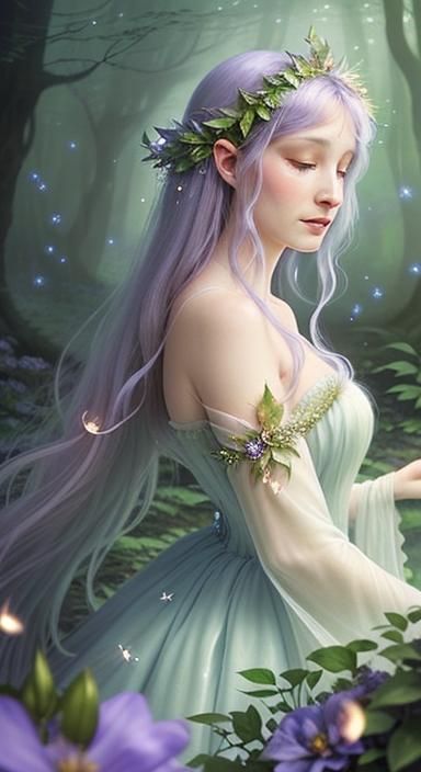 Woman Surrounded by Fireflies in Mystical Forest
