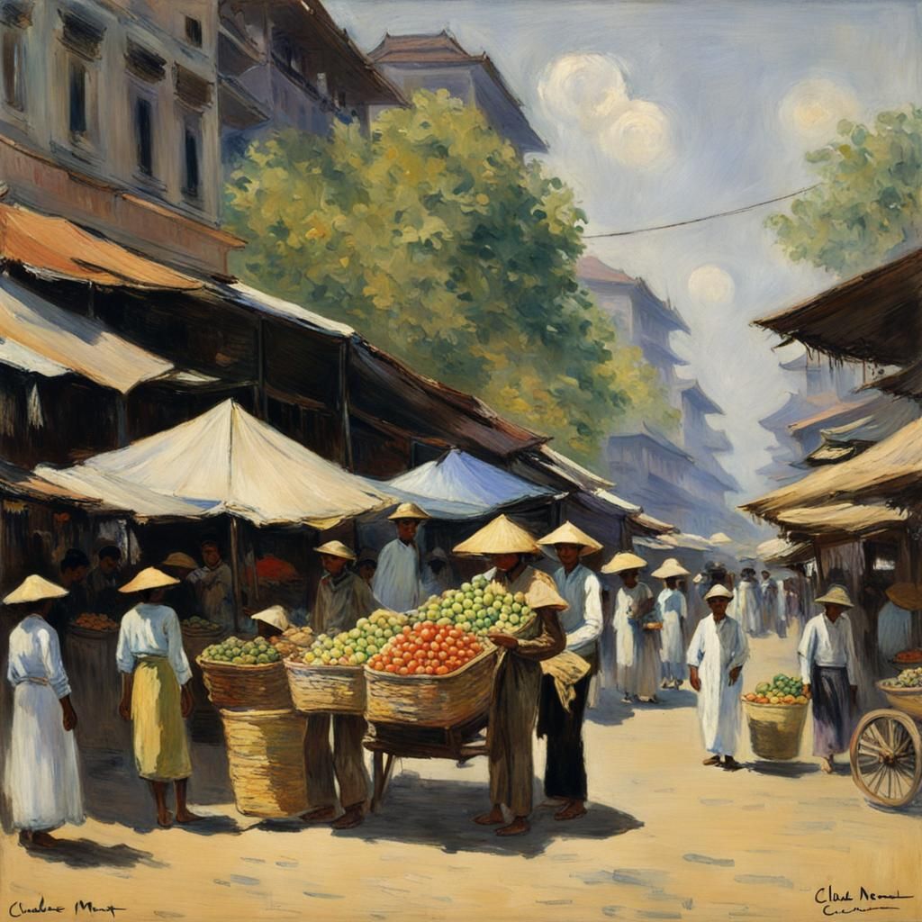 Impressionistic Rangoon Street Market Scene