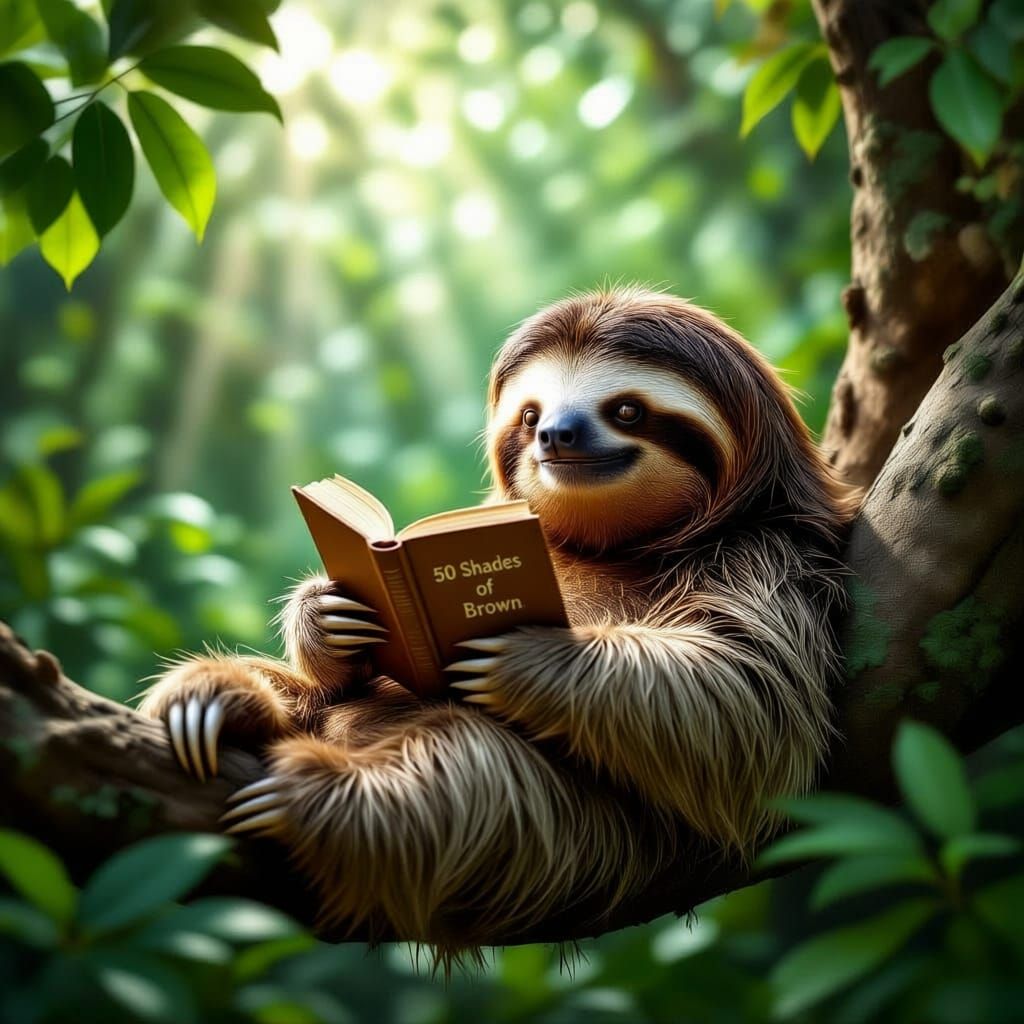 Hyperealistic Sloth Reading Book in Jungle