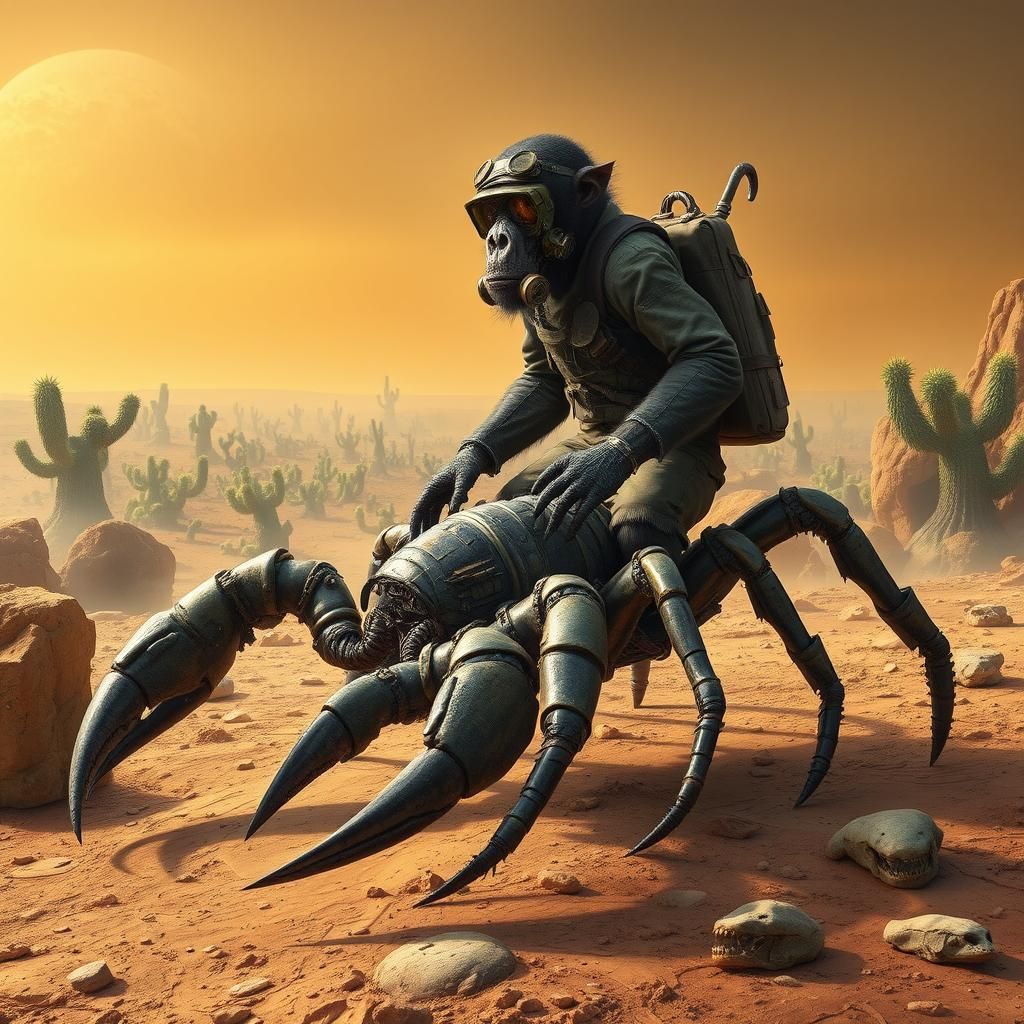 Mutant Mandrill Rides Arachnoscorpion on Lunar Terrain