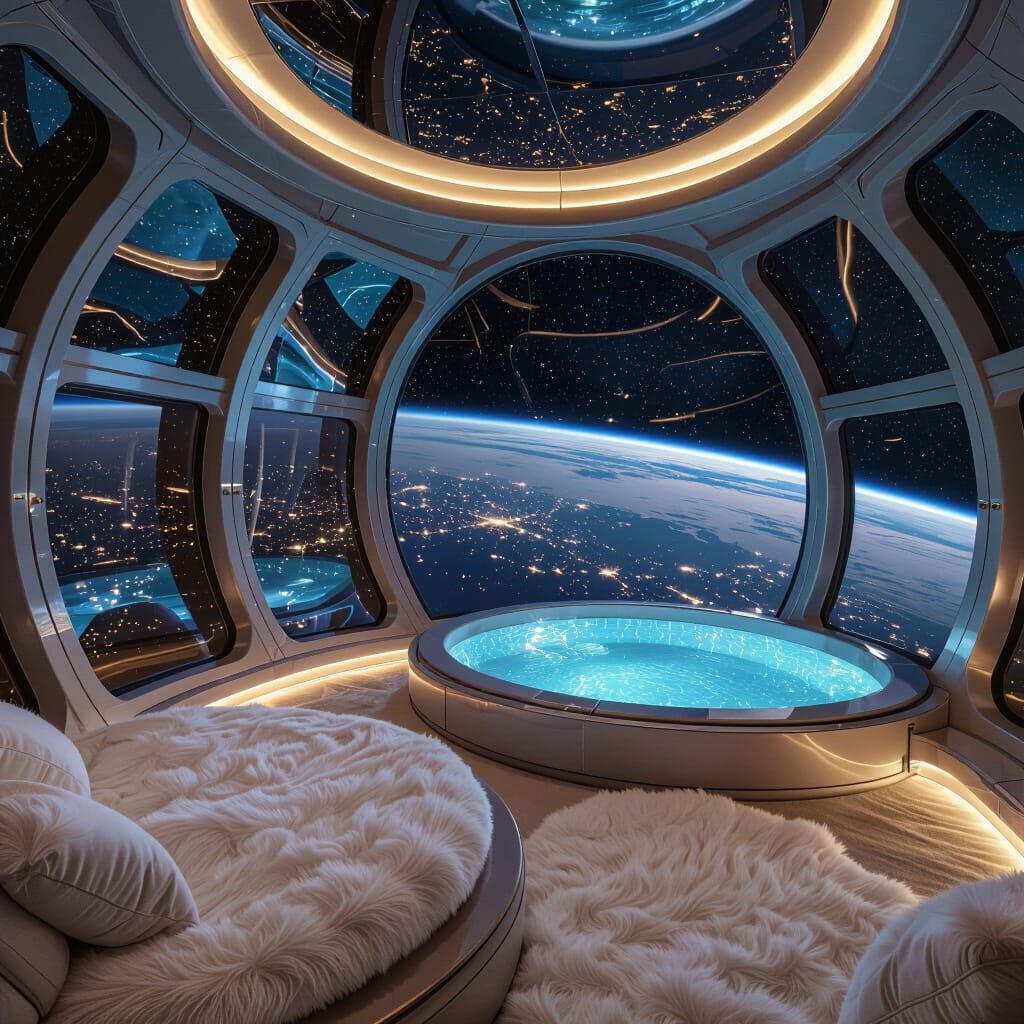 Luxury Space Hotel Orbiting Earth at Night, Australia View