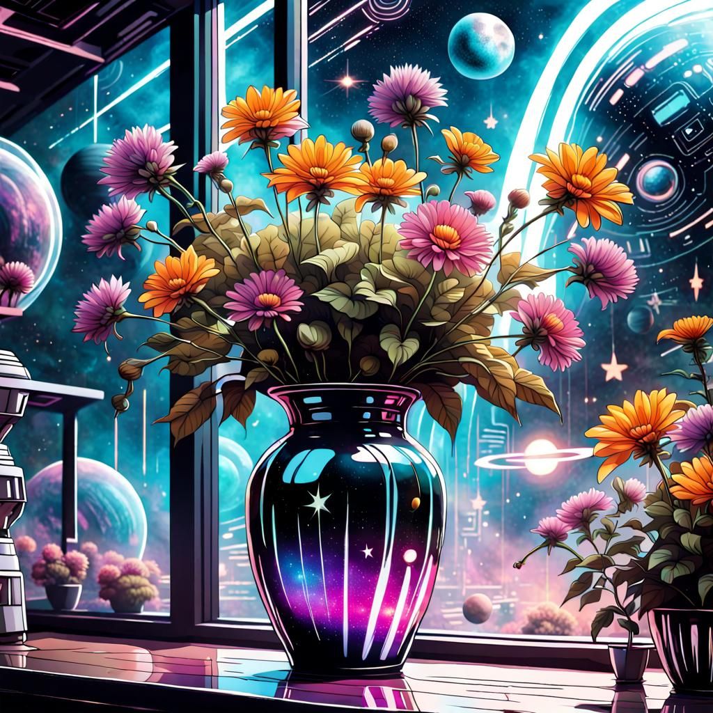 Cyberpunk Alien Flowers in Space Coffee Shop