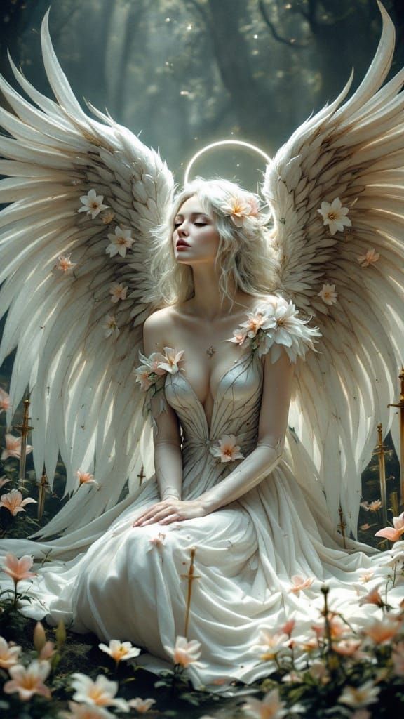 Angel of Mercy and Battle: Flowers and Silver Armor