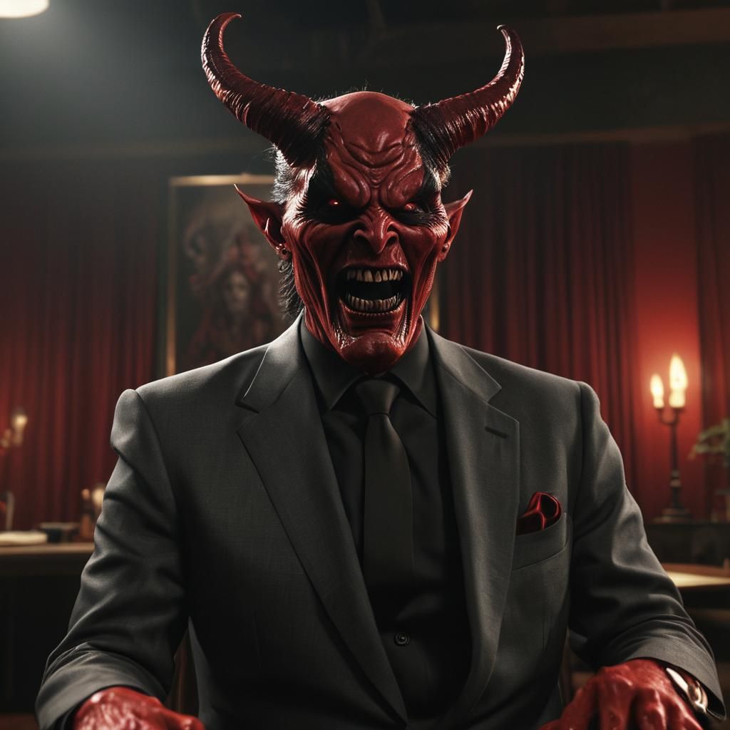 Late night Horror talk show,
Here's Satan! Talk show host, volumetric lighting infuses photorealism & surrealism, digita...