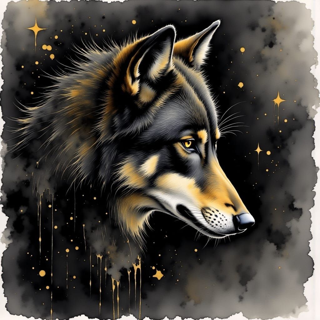 Watercolor Wolf in Midnight Fantasy Landscape