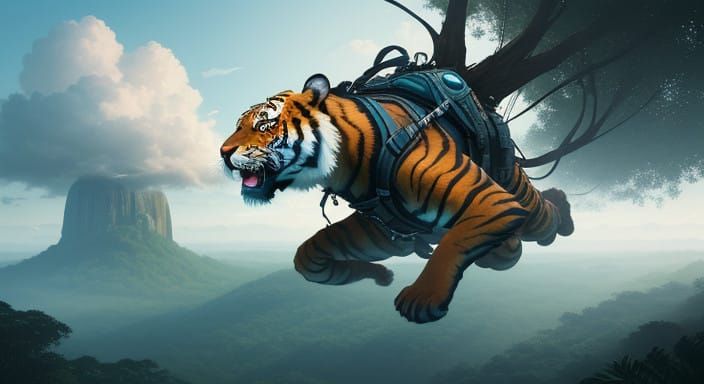 Surreal Tiger Man in Mid-Dive Over Lush Rainforest