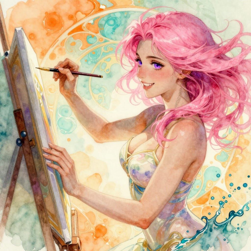Pink Haired Woman Smiling While Painting in Watercolor Style