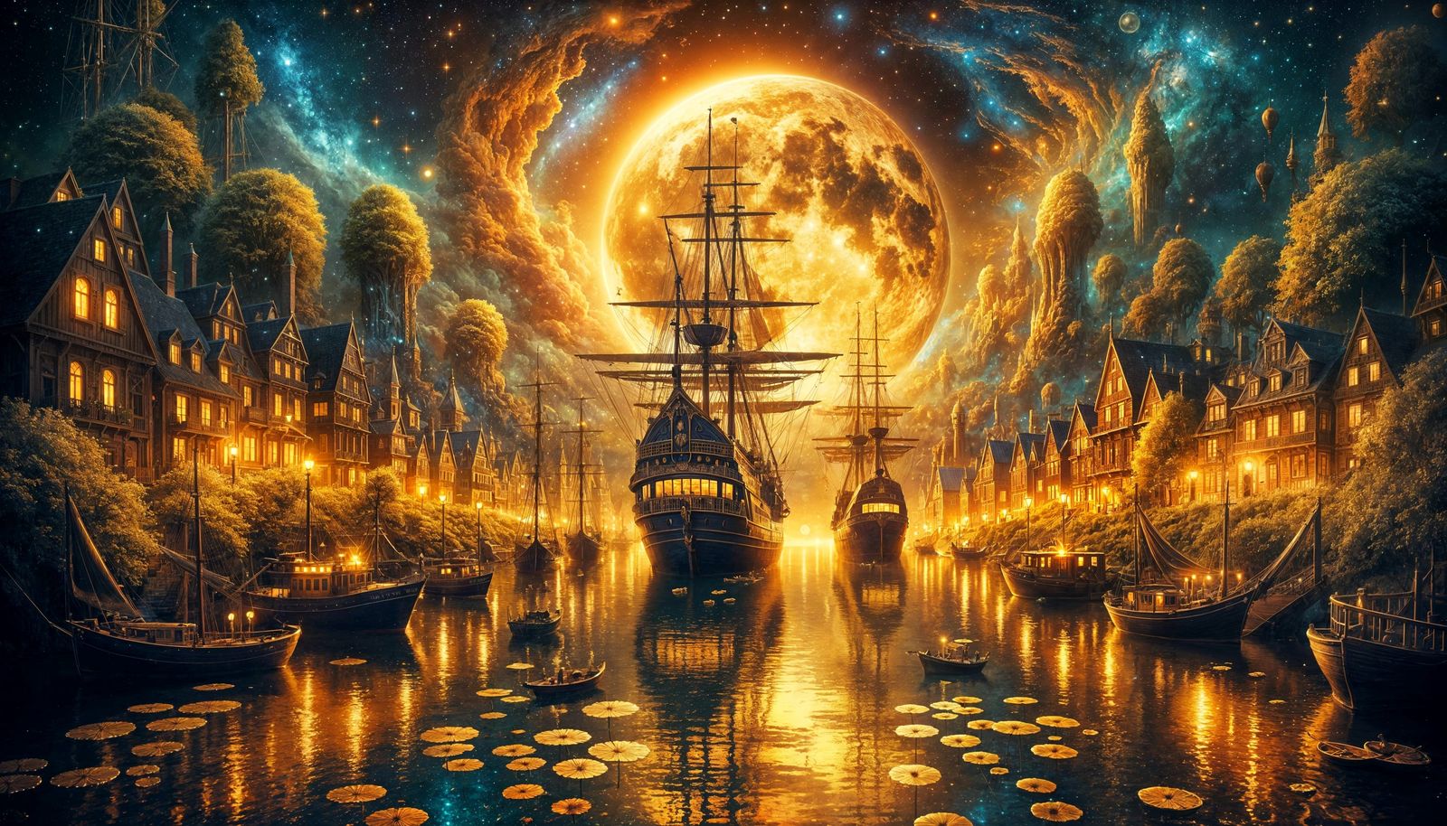 Moonlit Fantasy Harbor Scene in Dreamlike Style