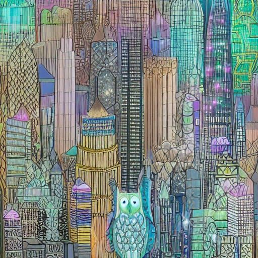 Digital Art of a Bioluminescent Owl in a Cityscape