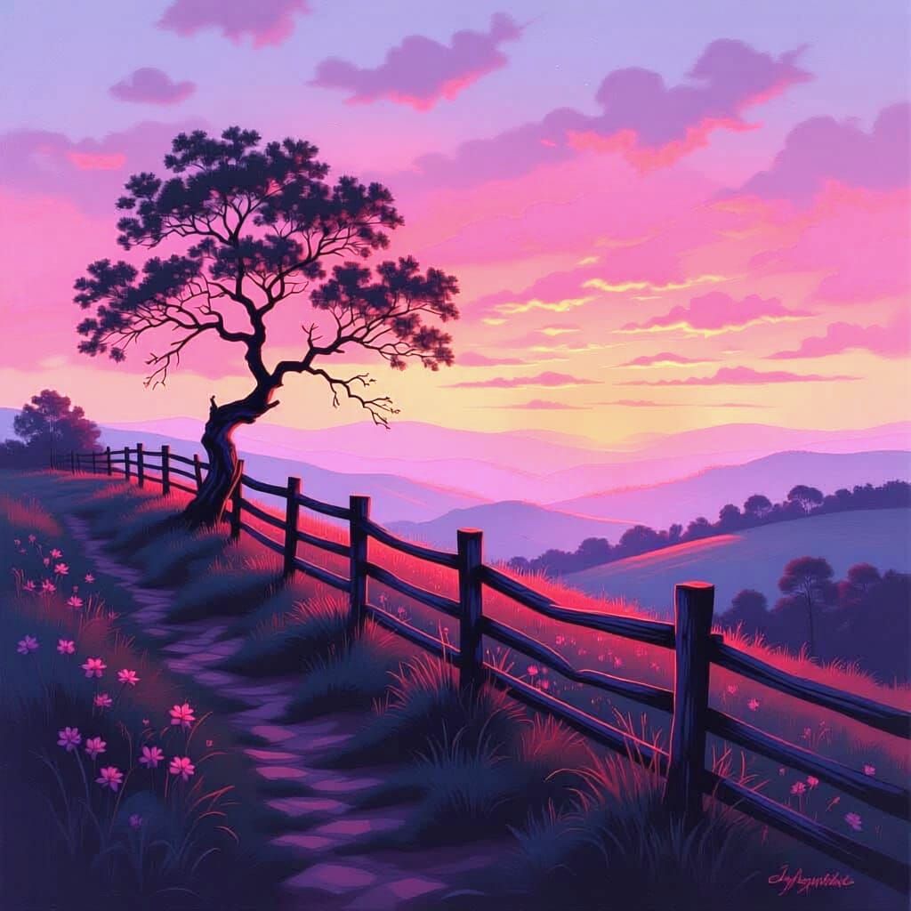 Impressionist Oil Painting of Hill Ridge at Misty Sunset