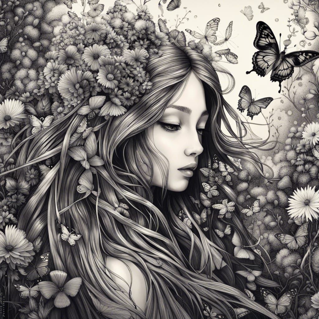 Enchanted Wild Girl in Butterfly Garden: Hyperrealistic Art